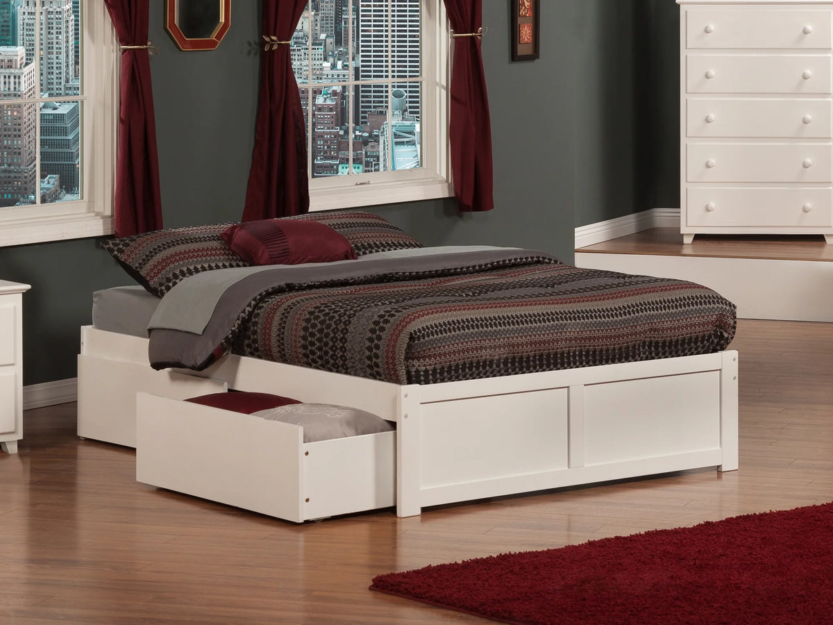 White Solid Wood Platform Bed with Footboard and 2 Storage Drawers G6445