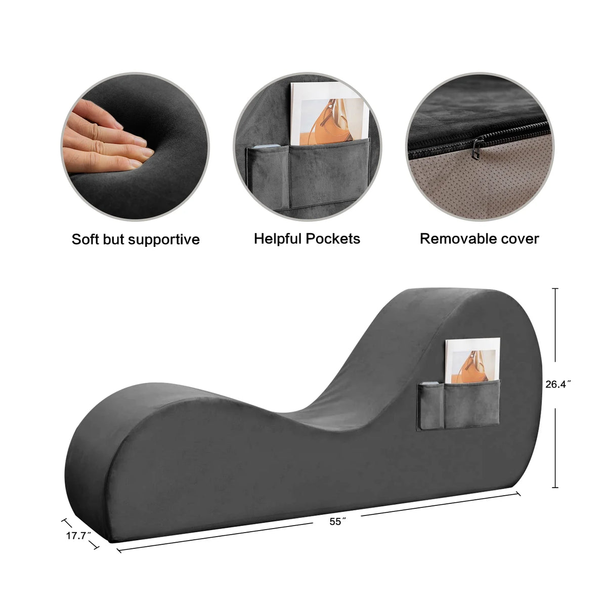 Yoga Chaise with Washable Cover, Side Pockets, Non-Slip Bottom W1149