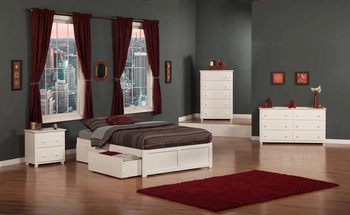 White Solid Wood Platform Bed with Footboard and 2 Storage Drawers G6445
