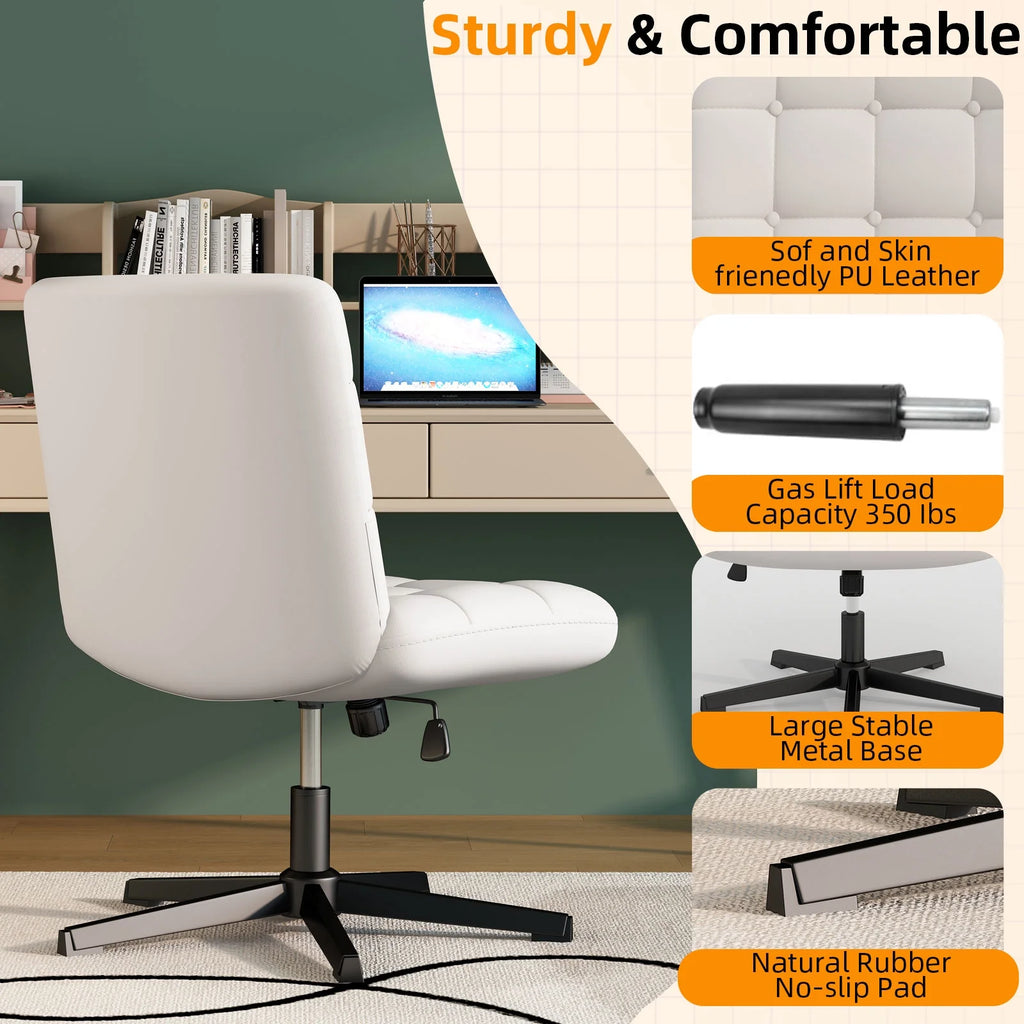 White Pu Leather Armless Wide Seat Office Chair B65892