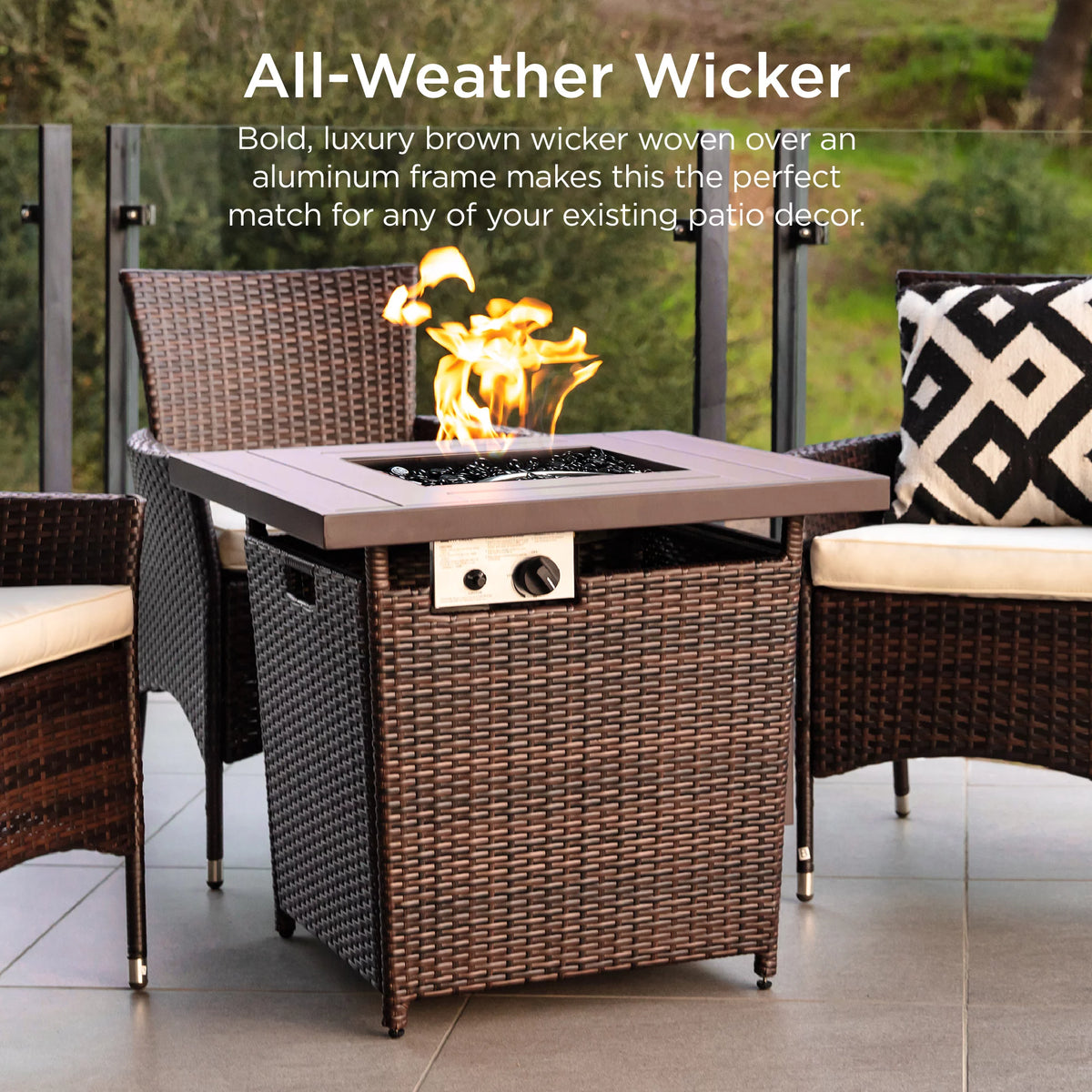 28in Propane Gas Fire Pit Table 50,000 BTU Outdoor Wicker with Glass Beads V4488
