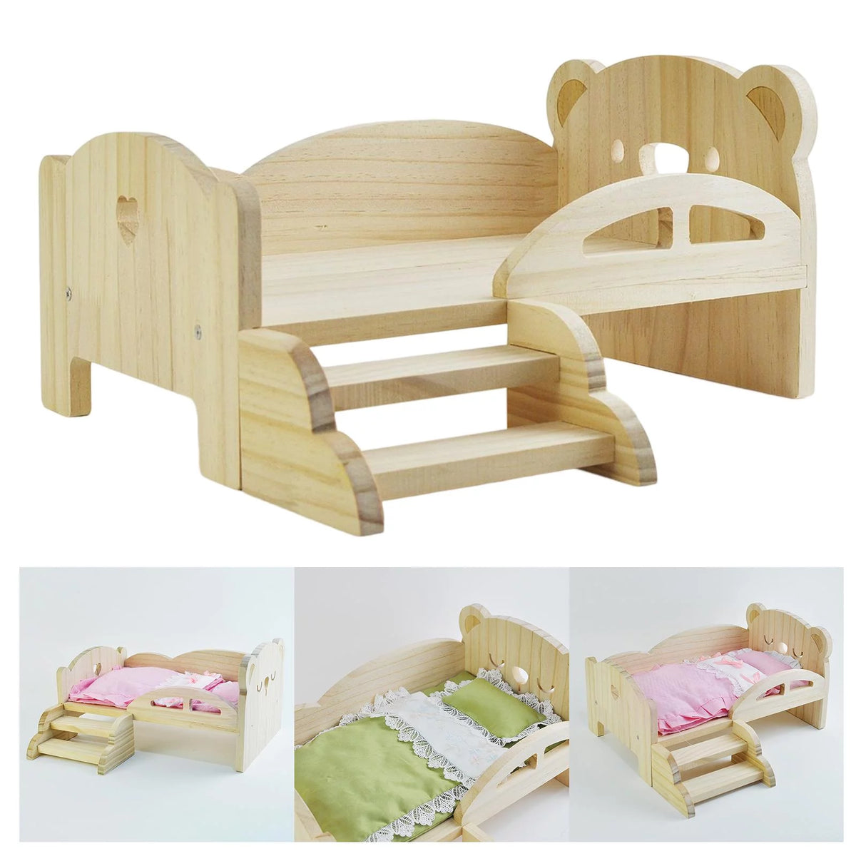 Miniature Wooden Doll Bed with Stairs M673