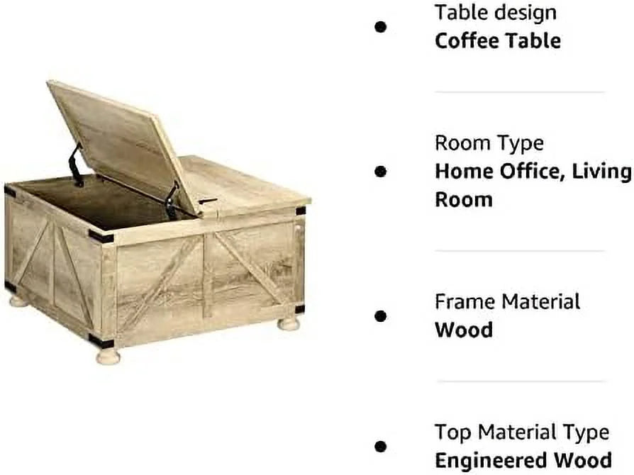 Farmhouse Coffee Table with Hinged Lift Top and Hidden Space Oak O408