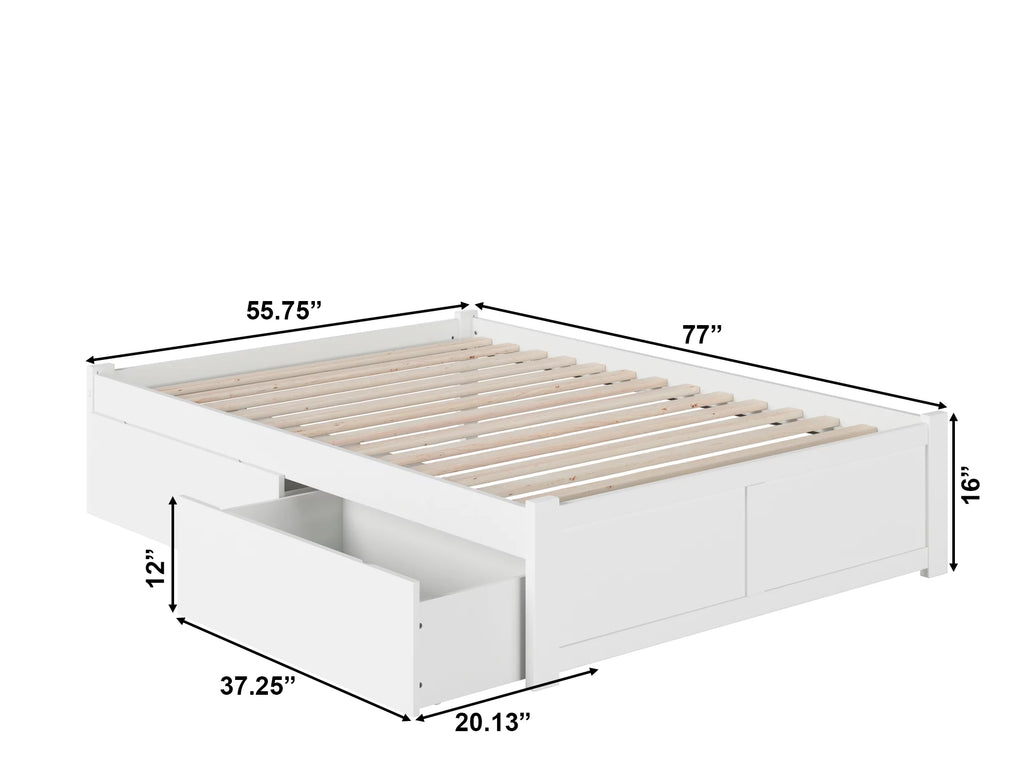 White Solid Wood Platform Bed with Footboard and 2 Storage Drawers G6445