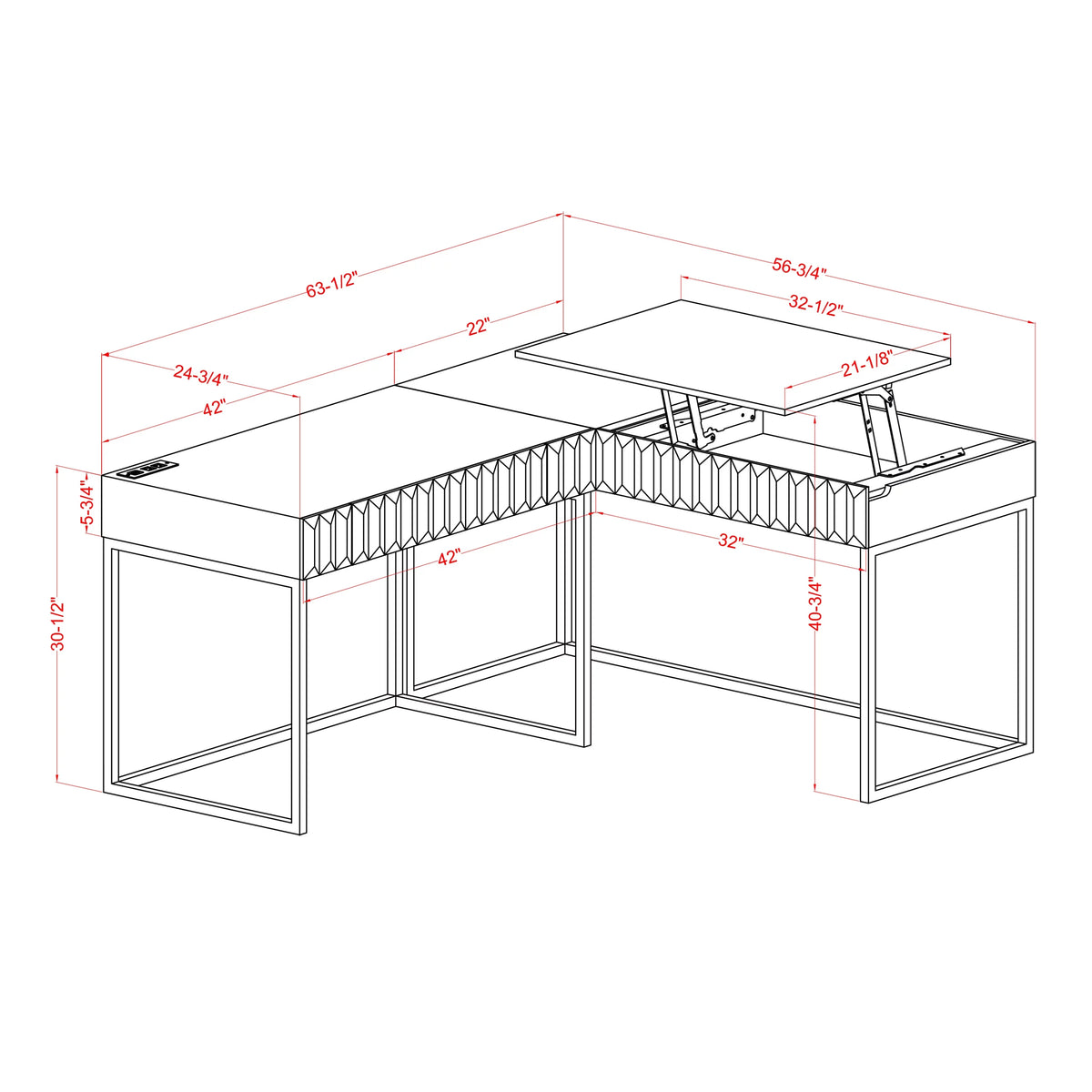 L-Shaped Lift-top Computer Desk with USBs R1983