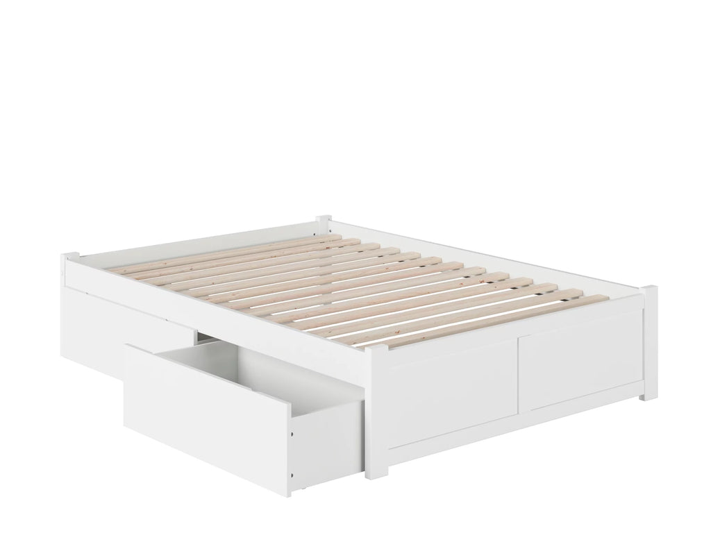 White Solid Wood Platform Bed with Footboard and 2 Storage Drawers G6445